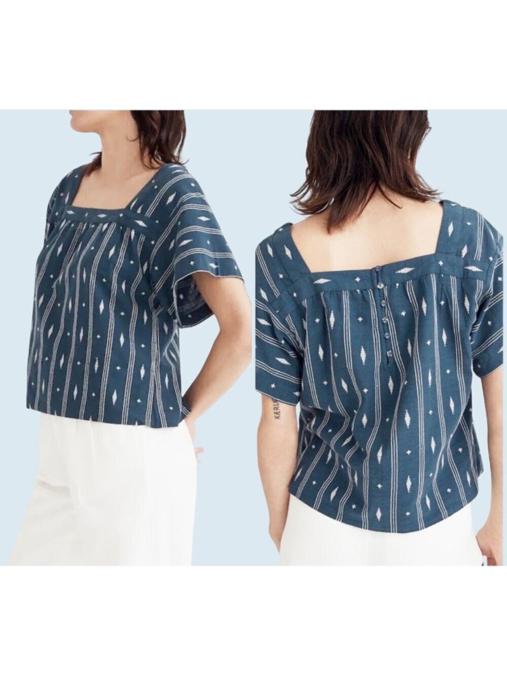 MADEWELL Square Neck Short Sleeve Boho Blue Blouse Top Size Small